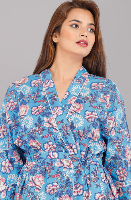 Floral Pattern Kimono Robe Long Bathrobe For Women (Blue)-KM-1