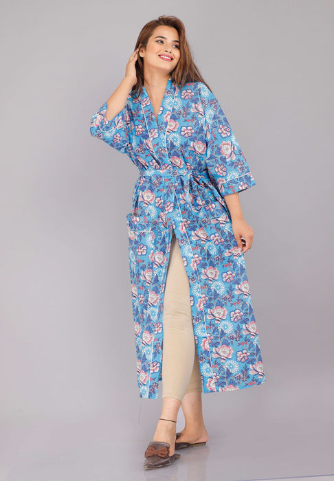 Floral Pattern Kimono Robe Long Bathrobe For Women (Blue)-KM-1