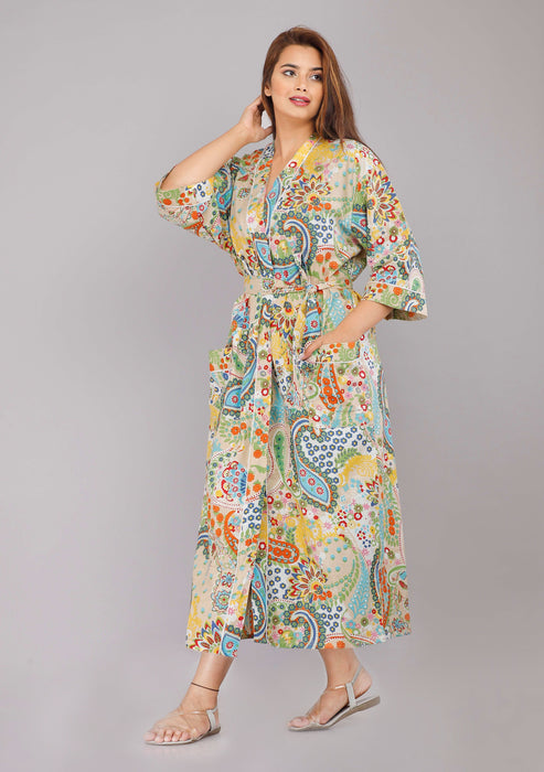 Floral Pattern Kimono Robe Long Bathrobe For Women (Multi)-KM-2