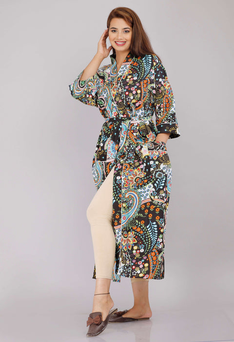 Floral Pattern Kimono Robe Long Bathrobe For Women-KM-4