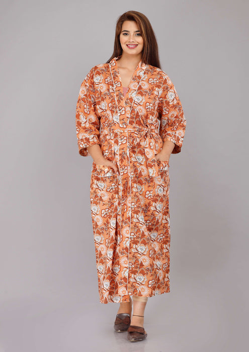 Floral Pattern Kimono Robe Long Bathrobe For Women (Brown)-KM-5