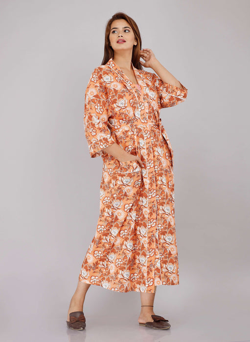 Floral Pattern Kimono Robe Long Bathrobe For Women (Brown)-KM-5