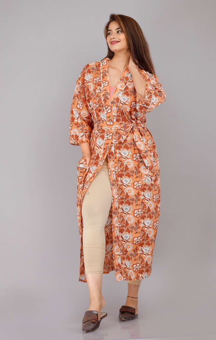 Floral Pattern Kimono Robe Long Bathrobe For Women (Brown)-KM-5