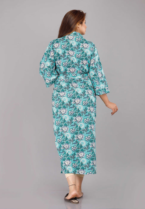 Floral Pattern Kimono Robe Long Bathrobe For Women (Aqua)-KM-12