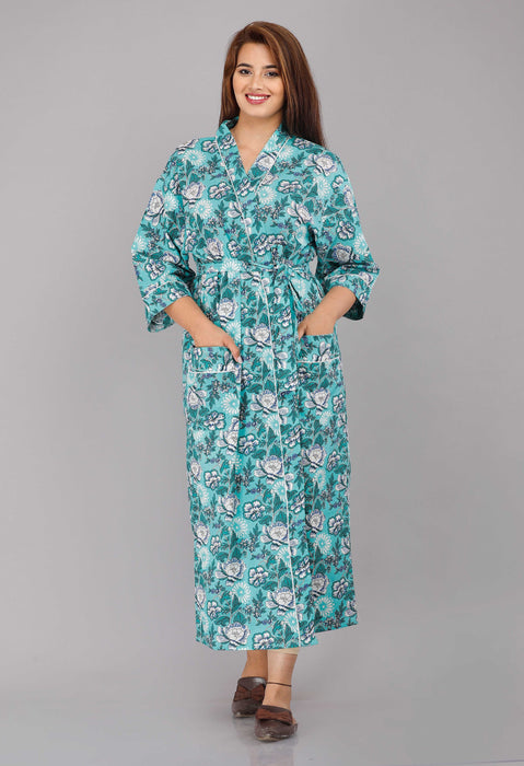 Floral Pattern Kimono Robe Long Bathrobe For Women (Aqua)-KM-12