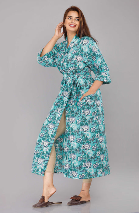 Floral Pattern Kimono Robe Long Bathrobe For Women (Aqua)-KM-12