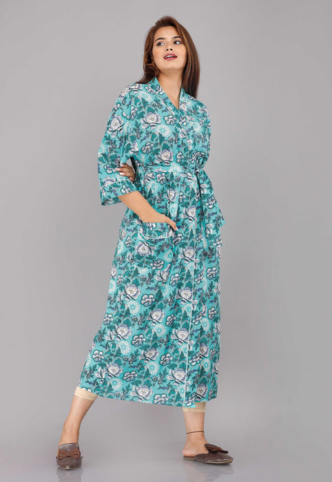 Floral Pattern Kimono Robe Long Bathrobe For Women (Aqua)-KM-12