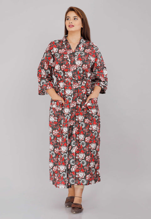 Floral Pattern Kimono Robe Long Bathrobe For Women-KM-6