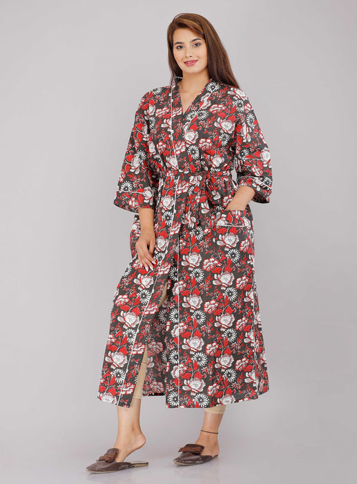 Floral Pattern Kimono Robe Long Bathrobe For Women-KM-6