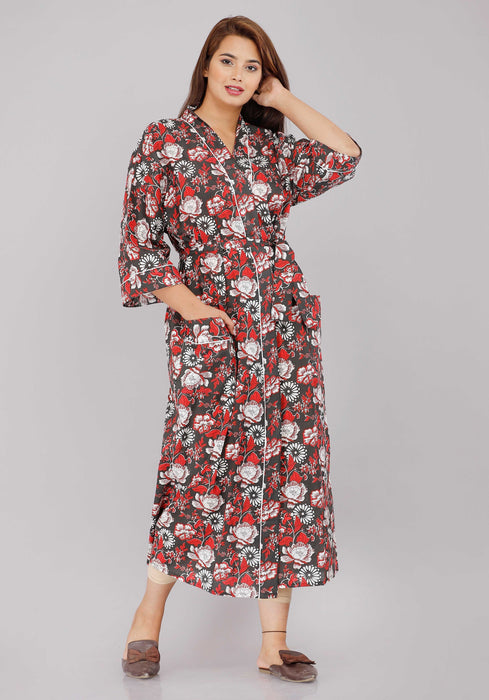 Floral Pattern Kimono Robe Long Bathrobe For Women-KM-6