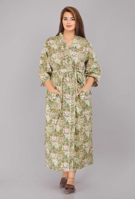 Floral Pattern Kimono Robe Long Bathrobe For Women (Green)-KM-16