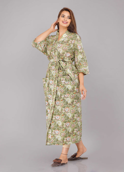 Floral Pattern Kimono Robe Long Bathrobe For Women (Green)-KM-16