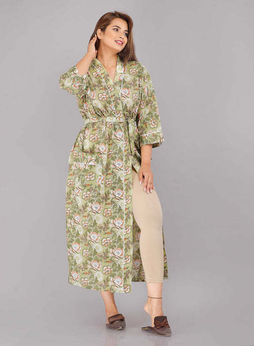 Floral Pattern Kimono Robe Long Bathrobe For Women (Green)-KM-16