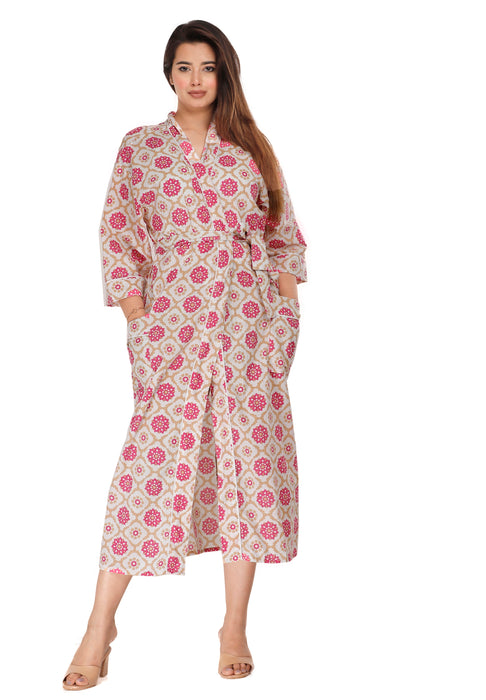 Floral Pattern Kimono Robe Long Bathrobe For Women (Pink)-KM-123