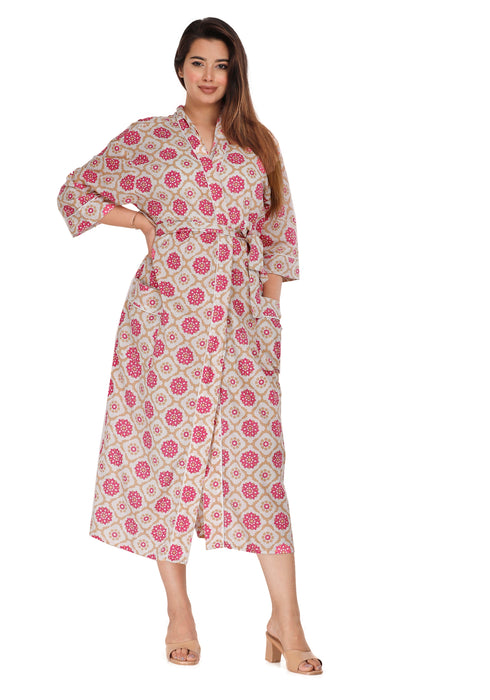 Floral Pattern Kimono Robe Long Bathrobe For Women (Pink)-KM-123