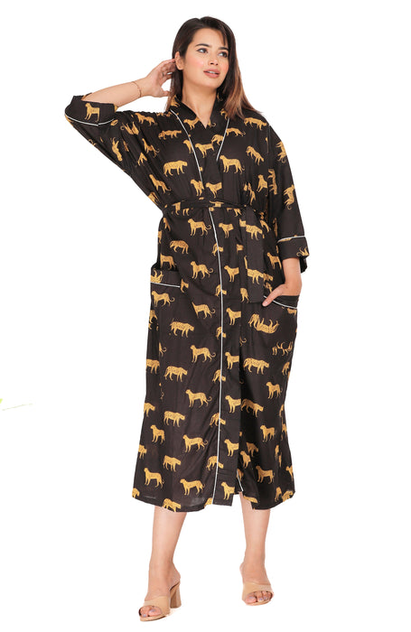 Animal Pattern Kimono Robe Long Bathrobe For Women (Black)-KM-134