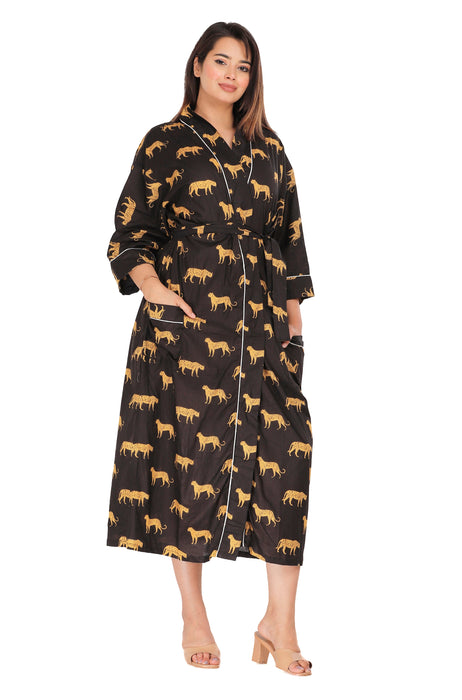 Animal Pattern Kimono Robe Long Bathrobe For Women (Black)-KM-134