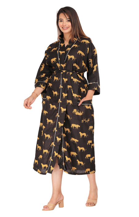 Animal Pattern Kimono Robe Long Bathrobe For Women (Black)-KM-134