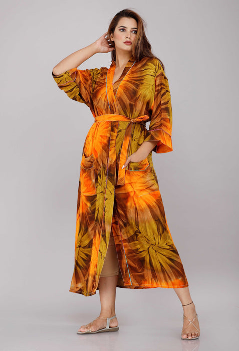 Tie Dye Pattern Kimono Robe Long Bathrobe For Women (Multi)-KM-64