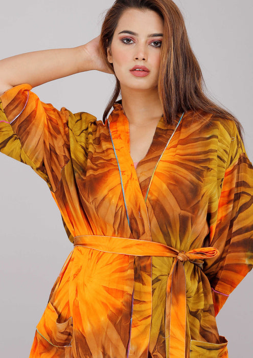 Tie Dye Pattern Kimono Robe Long Bathrobe For Women (Multi)-KM-64