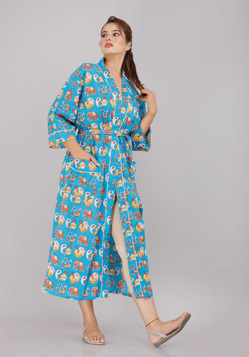 Animal Pattern Kimono Robe Long Bathrobe For Women (Blue)-KM-44