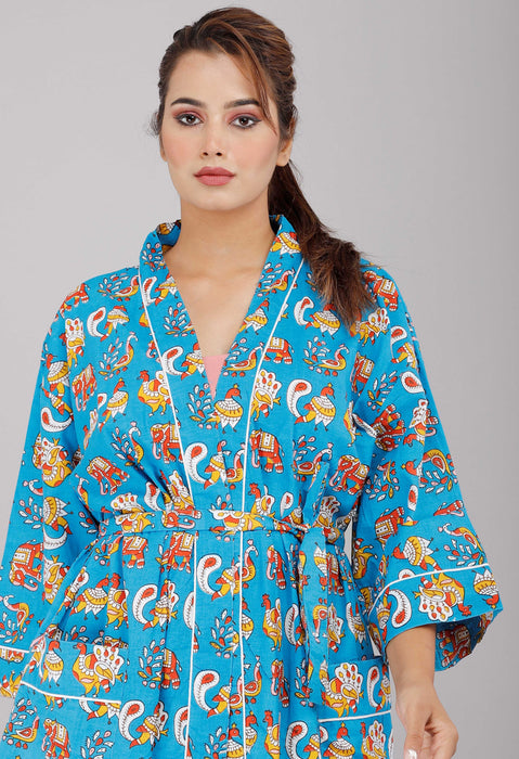 Animal Pattern Kimono Robe Long Bathrobe For Women (Blue)-KM-44