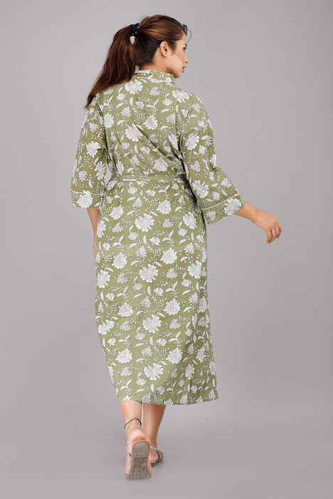 Floral Pattern Kimono Robe Long Bathrobe For Women (Olive)-KM-19