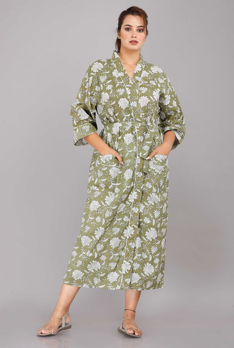 Floral Pattern Kimono Robe Long Bathrobe For Women (Olive)-KM-19