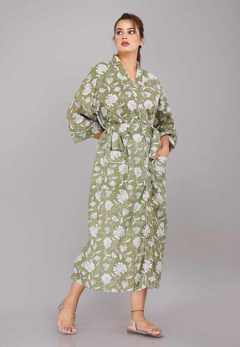 Floral Pattern Kimono Robe Long Bathrobe For Women (Olive)-KM-19