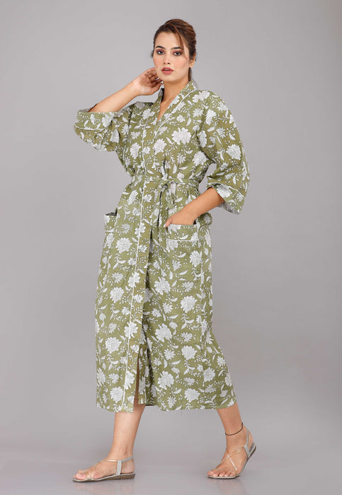 Floral Pattern Kimono Robe Long Bathrobe For Women (Olive)-KM-19