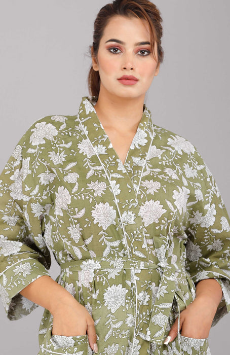 Floral Pattern Kimono Robe Long Bathrobe For Women (Olive)-KM-19