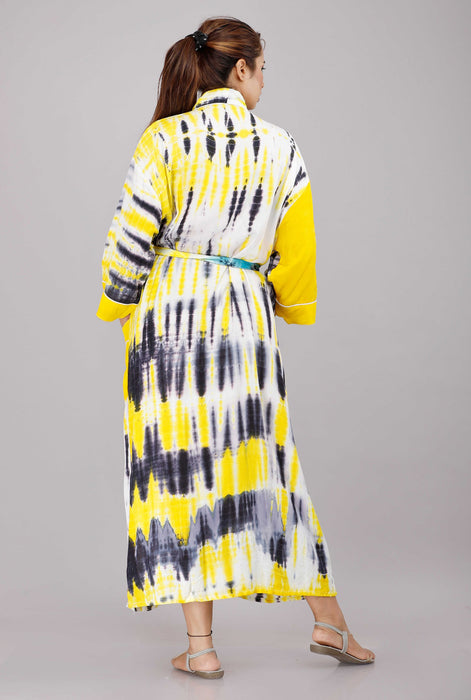 Tie Dye Pattern Kimono Robe Long Bathrobe For Women (Yellow)-KM-55