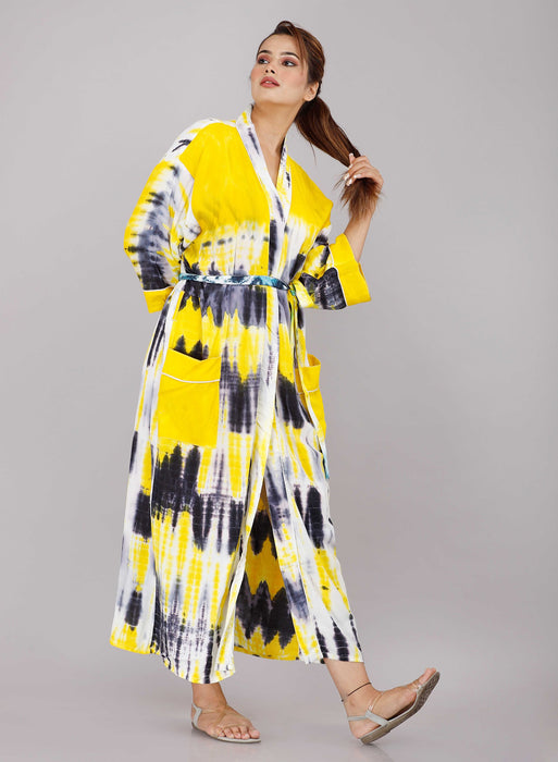 Tie Dye Pattern Kimono Robe Long Bathrobe For Women (Yellow)-KM-55