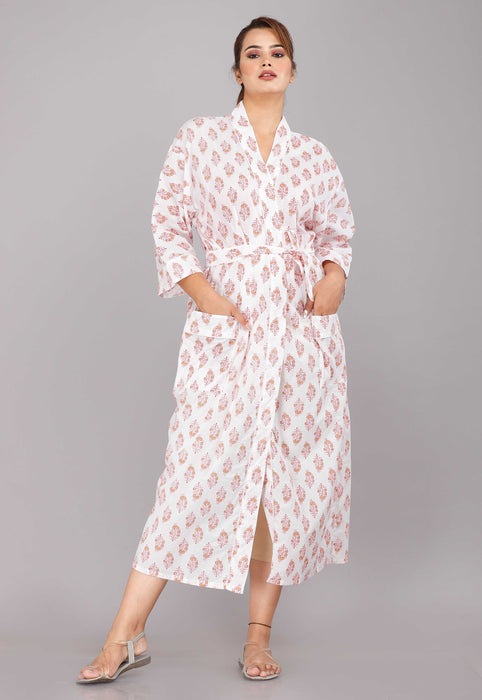 Floral Pattern Kimono Robe Long Bathrobe For Women (White)-KM-20