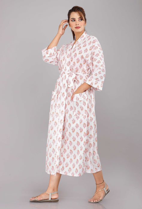 Floral Pattern Kimono Robe Long Bathrobe For Women (White)-KM-20