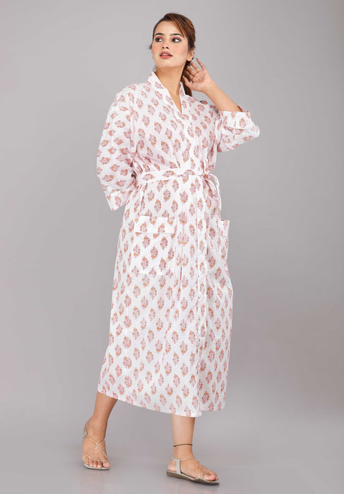 Floral Pattern Kimono Robe Long Bathrobe For Women (White)-KM-20