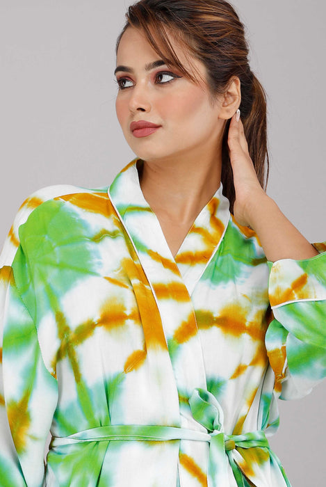 Tie Dye Pattern Kimono Robe Long Bathrobe For Women (Green)-KM-51