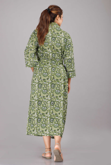 Floral Pattern Kimono Robe Long Bathrobe For Women (Green)-KM-17