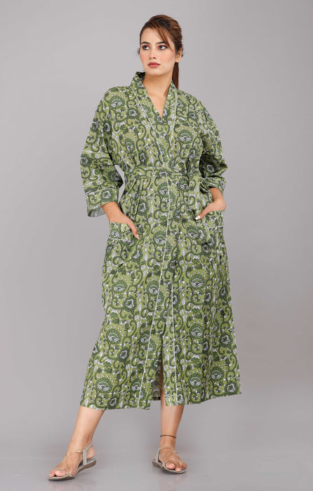 Floral Pattern Kimono Robe Long Bathrobe For Women (Green)-KM-17