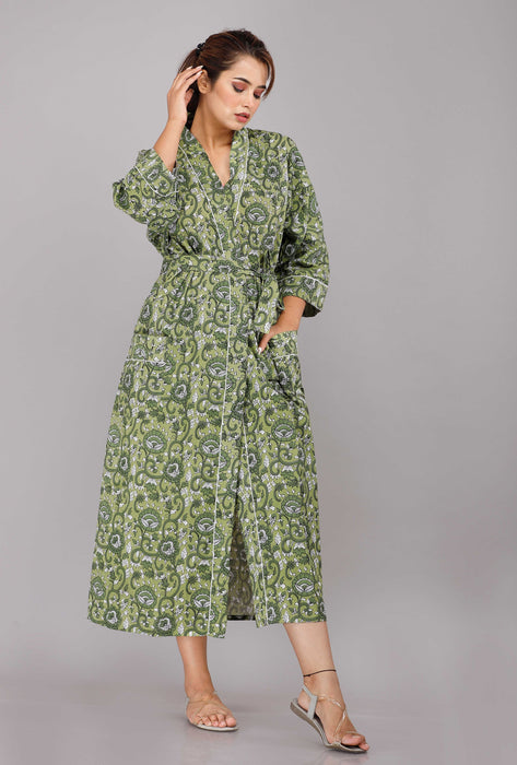 Floral Pattern Kimono Robe Long Bathrobe For Women (Green)-KM-17