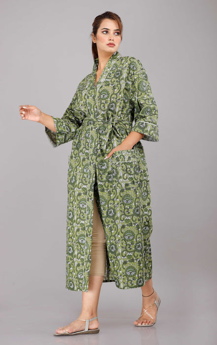 Floral Pattern Kimono Robe Long Bathrobe For Women (Green)-KM-17