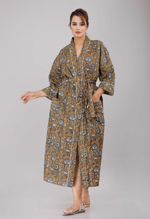 Floral Pattern Kimono Robe Long Bathrobe For Women (Olive)-KM-11