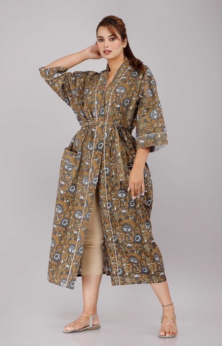 Floral Pattern Kimono Robe Long Bathrobe For Women (Olive)-KM-11