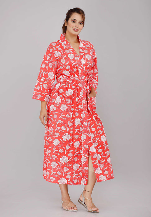 Floral Pattern Kimono Robe Long Bathrobe For Women (Red)-KM-27