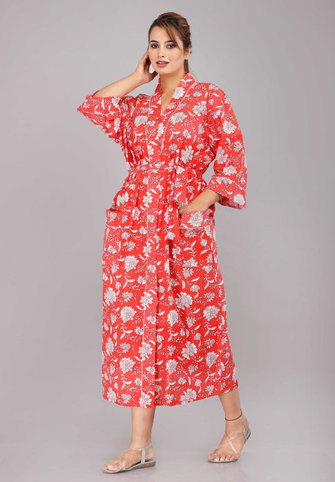 Floral Pattern Kimono Robe Long Bathrobe For Women (Red)-KM-27