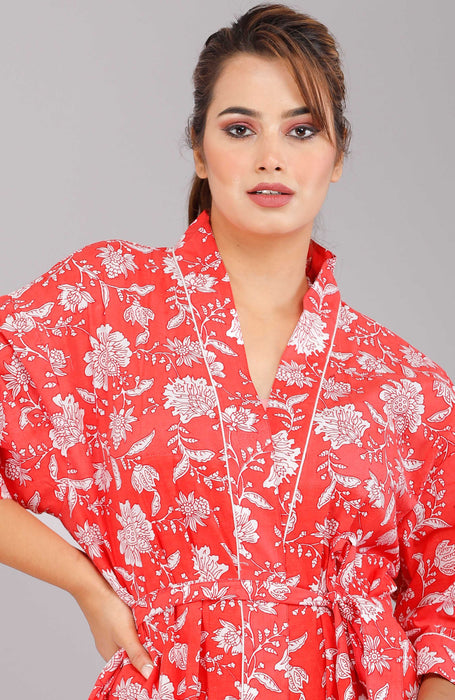 Floral Pattern Kimono Robe Long Bathrobe For Women (Red)-KM-27