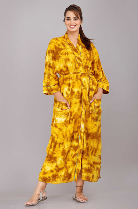 Tie Dye Pattern Kimono Robe Long Bathrobe For Women (Yellow)-KM-46