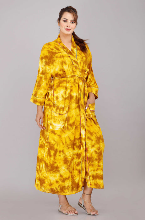 Tie Dye Pattern Kimono Robe Long Bathrobe For Women (Yellow)-KM-46