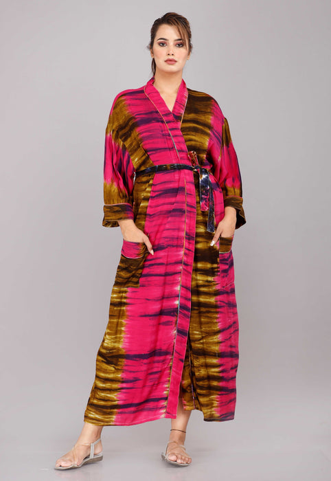 Tie Dye Pattern Kimono Robe Long Bathrobe For Women (Multi)-KM-47