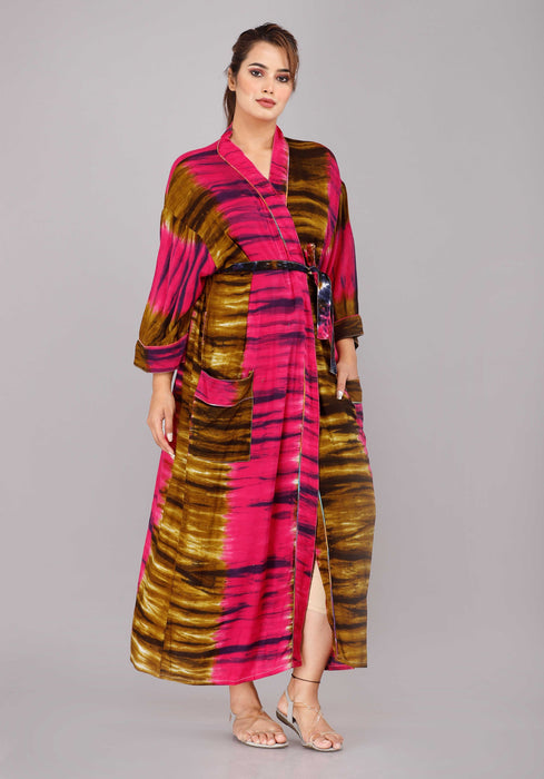 Tie Dye Pattern Kimono Robe Long Bathrobe For Women (Multi)-KM-47